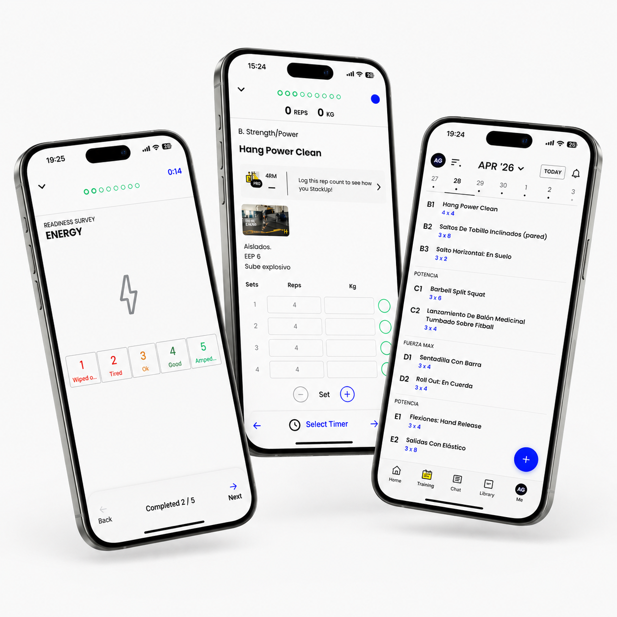 App de entrenamiento S4S — vista de programa, sesión y agenda